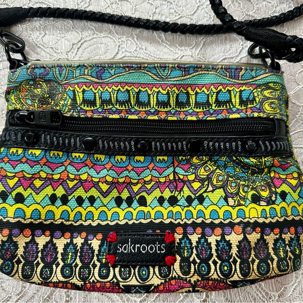 Sakroots Black and Green Crossbody Bag with Geometric Patterns